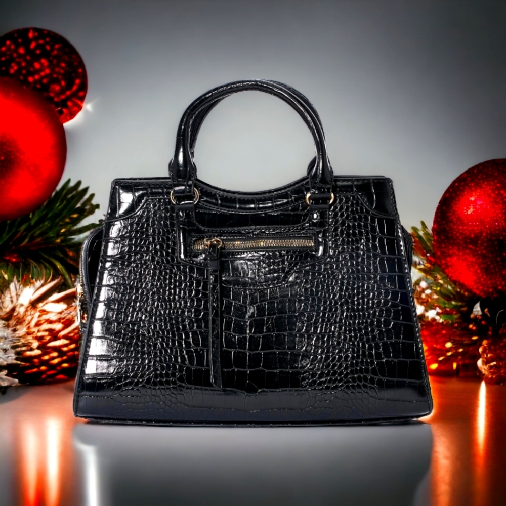 Ladies Sexy Black Faux Croc Double Top Handbag